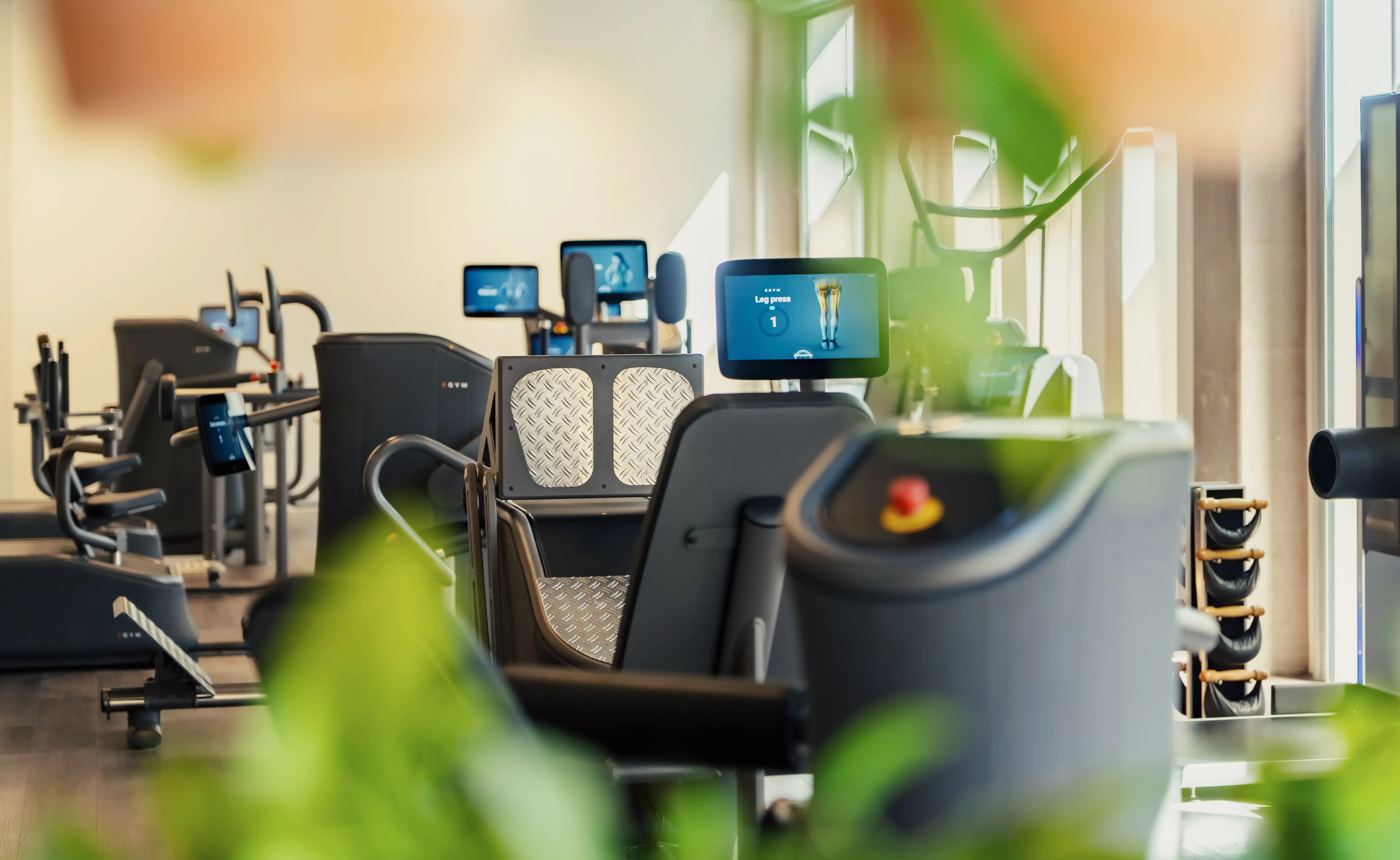 Foto op afstand van Leg Press in een lichte ruimte