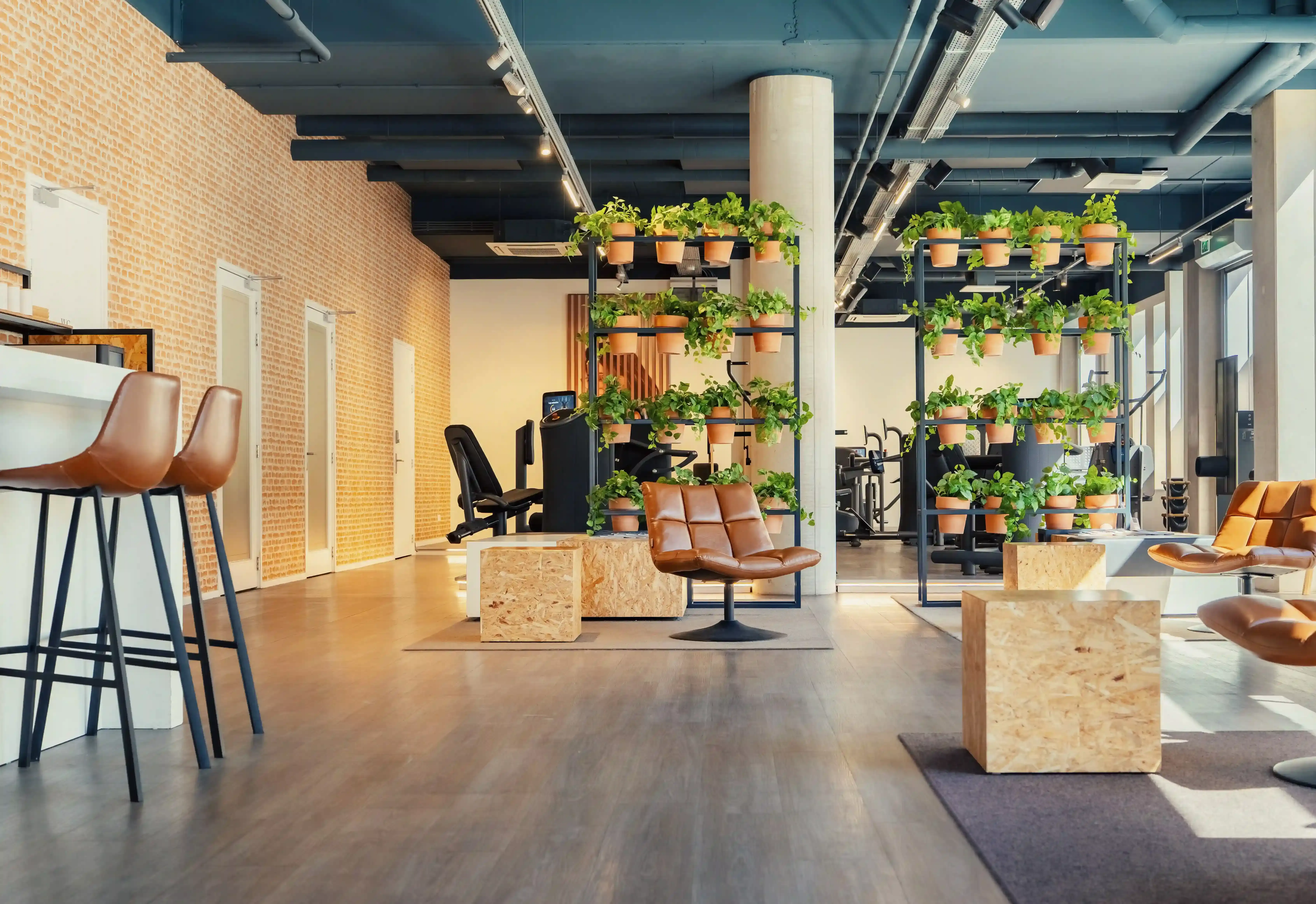 Overzicht van lege lounge en trainingsruimte in The Gym Society studio
